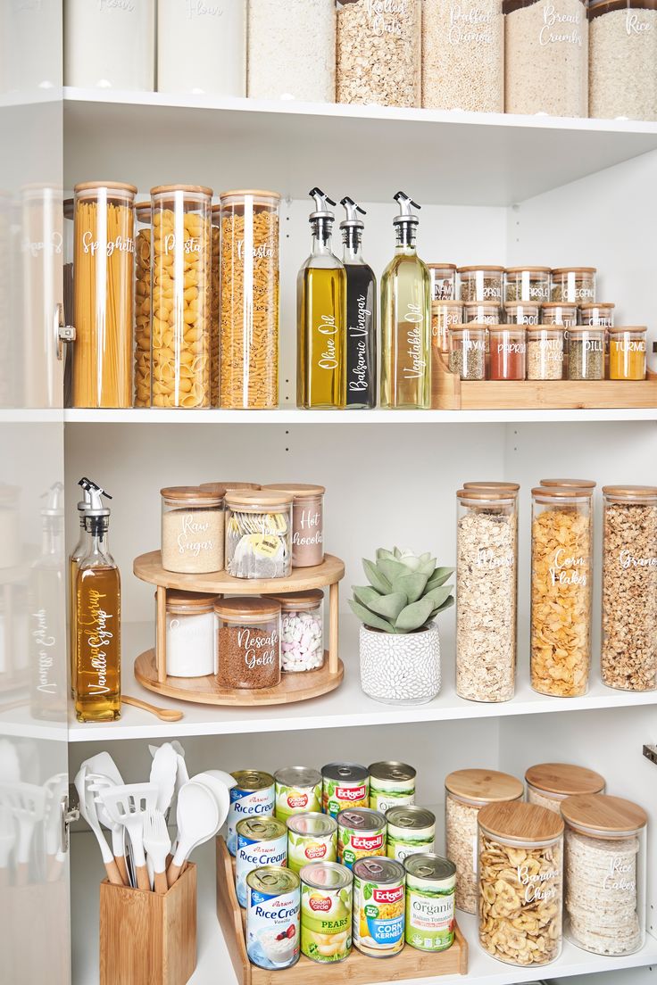 the shelves are filled with various types of food and condiments, including rice