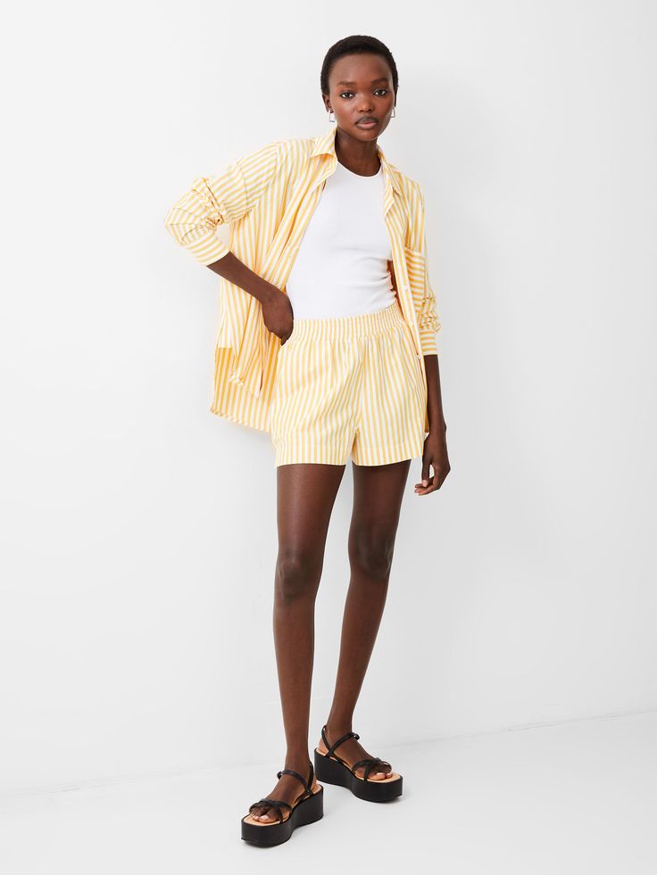 Stripe Shirting Shorts Neutral Dresses, 2025 Style, All Black Dresses, Stripe Shorts, Floral Shirt Dress, Summer Stripes, Lightweight Shorts, Blue Midi Dress, Orange Dress