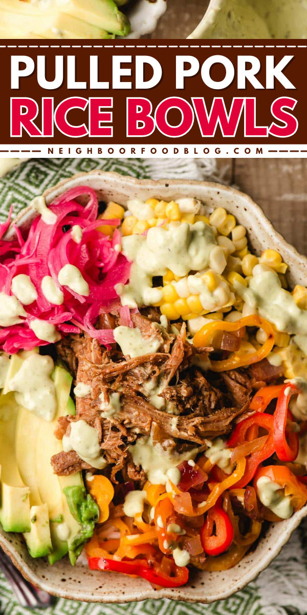 Transform your leftovers with these easy Pulled Pork Rice Bowls!

Made with our fabulous slow cooker pulled pork, these bowls are loaded with fresh vegetables, sweet corn, pickled veggies, and a creamy avocado dressing for a satisfying meal that’s packed with flavor. Mojo Pork Rice Bowl, Pork Shredded Recipes, Gluten Free Pulled Pork Slow Cooker, Bbq Pork Bowls, Healthy Pulled Pork Meals, Pulled Pork Bowl Recipe, What To Make With Leftover Pulled Pork, Healthy Pulled Pork Recipes, Recipes With Pulled Pork Leftovers