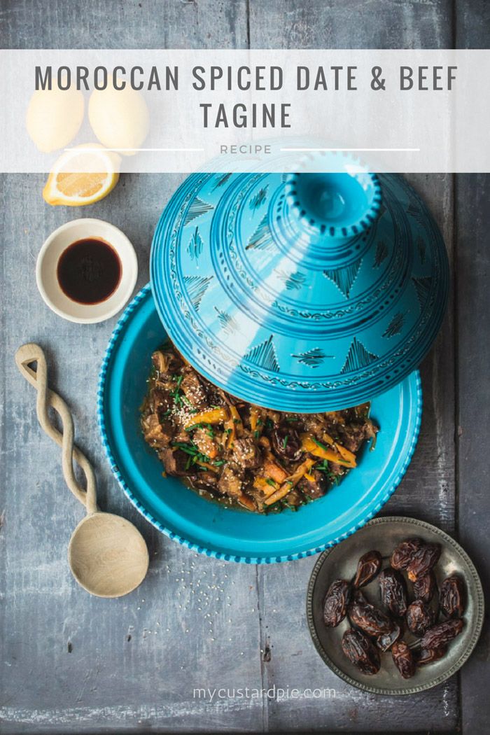 moroccan spiced date and beef tagine recipe on a blue plate with spoons