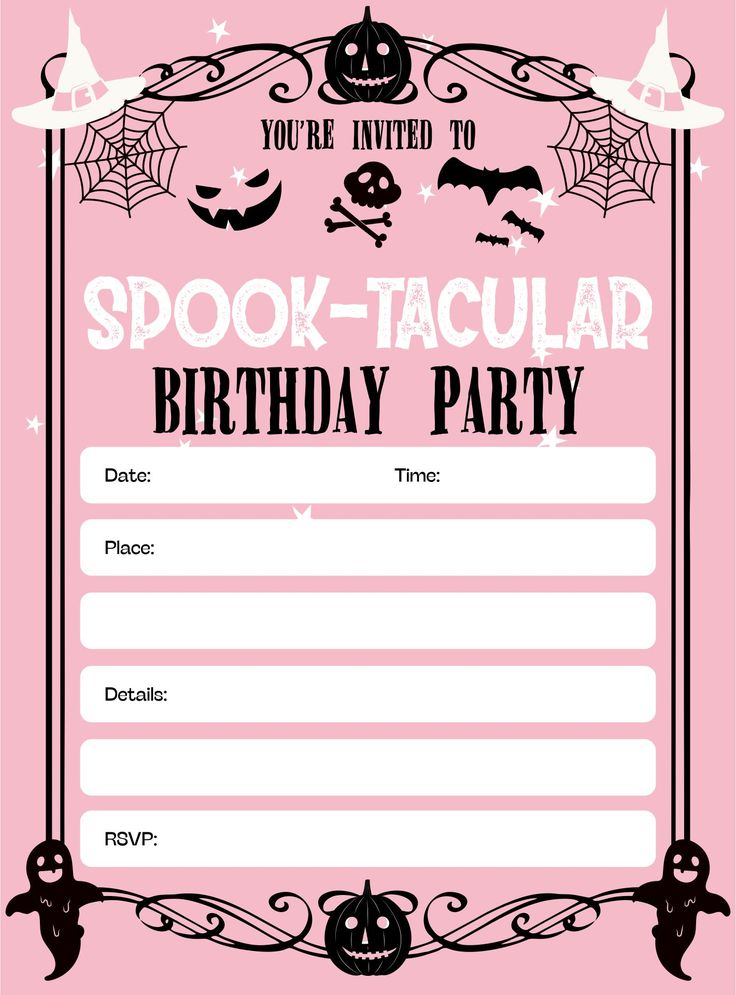 a pink birthday party card with halloween decorations