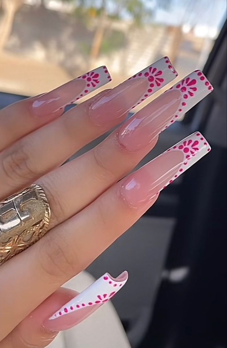 Mexican Nails Designs Acrylic Pink, Cute Gem Designs On Nails, Long Nails Coffin Summer, Nail Inspired Medium, Spring Themed Acrylic Nails, Valentines Rhinestone Nails, Nail Designs For Italy Trip, Mañana Sera Bonito Nails Ideas, Latino Lunch Ideas