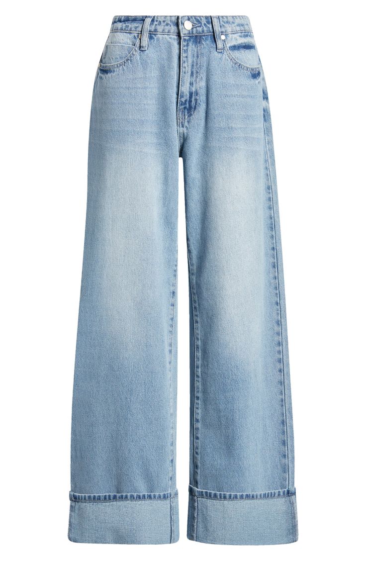 Cuffed hems highlight the wide-leg silhouette of high-waisted jeans cut from comfortable nonstretch denim. 32" cuffed inseam; 36" uncuffed inseam; 22" leg opening; 11" front rise: 14 1/2" back rise (size 27) Zip fly with button closure Five-pocket style 100% cotton Machine wash, tumble dry Imported Cuffed Wide Leg Jeans, Long Wide Leg Jeans, Wide Cuff Jeans, Sisterhood Round, Light Grey Leggings, Wide Leg Pants Jeans, Cuffed Denim Jeans, Cute Pants, Cuffed Jeans