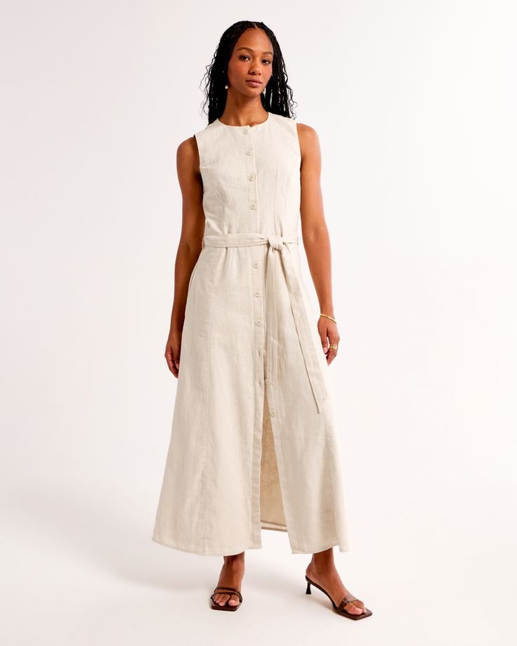 Flattering midi dress in our soft linen-blend fabric and relaxed-fit silhouette, featuring a self-tie removable belted waist and functional button-through detail. Chic Linen Maxi Dress With Relaxed Fit, Chic Relaxed Fit Linen Maxi Dress, Chic Neutral Linen Midi Dress, Casual Linen Belted Dress For Daywear, Spring Midi-length Belted Dress With Tie Fastening, Casual Belted Linen Dress For Daywear, Summer Linen Maxi Dress For Work, Linen Maxi Dress For Summer Workwear, Belted Linen Midi Dress For Daywear