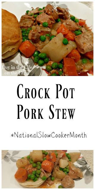 crock pot pork stew with potatoes, peas and carrots on a white plate