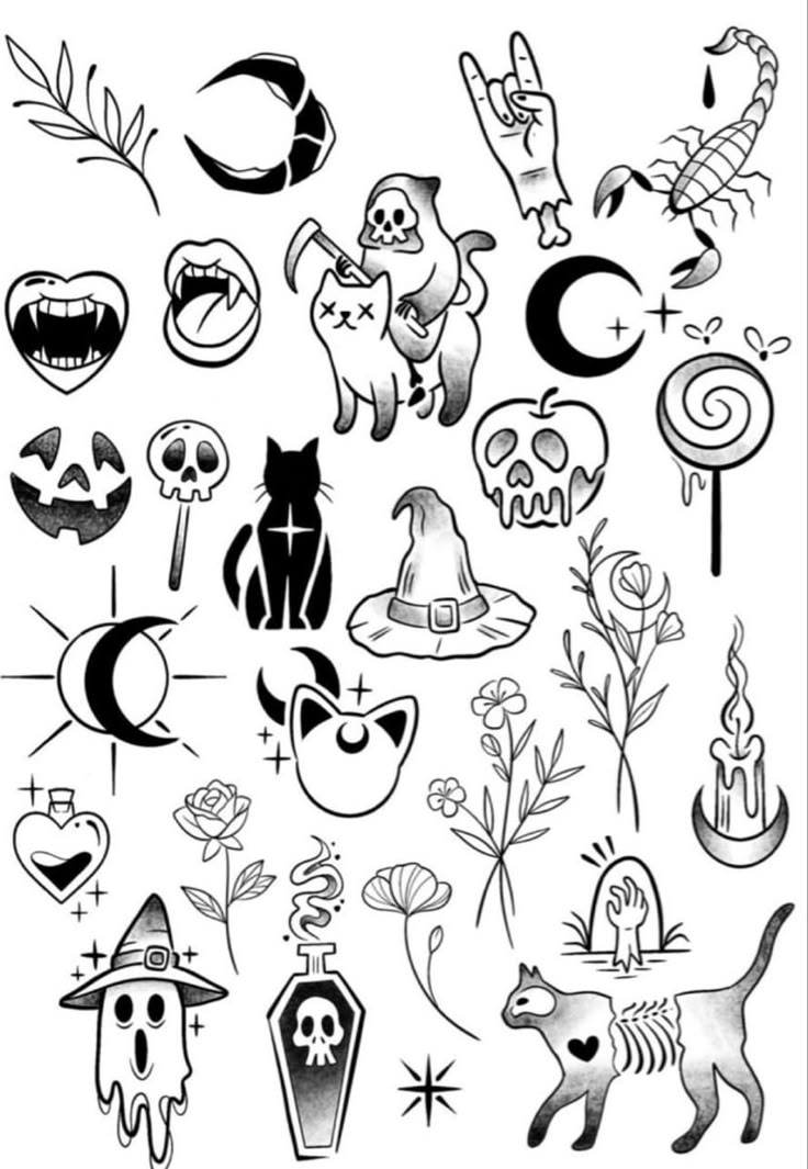 a black and white drawing of various halloween symbols, including cats, bats, pumpkins, witches, ghost heads