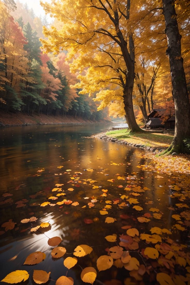 autumn leaves floating on the water and trees with yellow leaves in the foreground photo