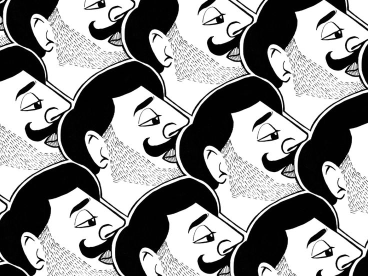 black and white image of many faces with mustaches on them, all in the same pattern