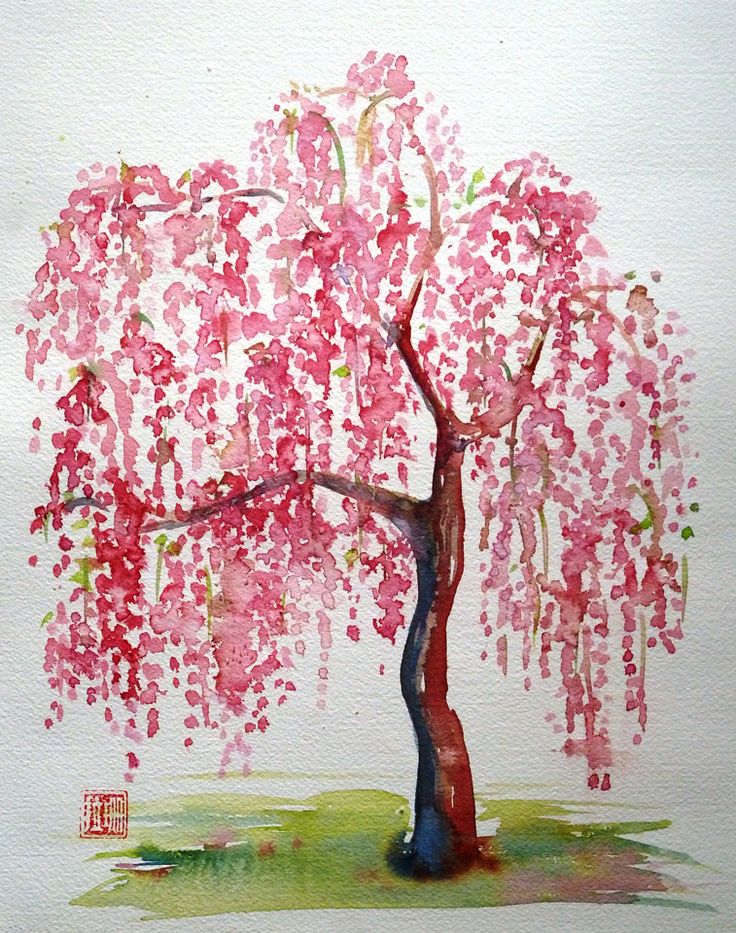 a painting of a tree with pink leaves