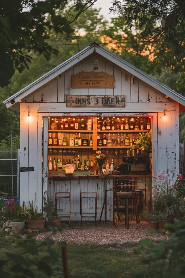 an outdoor bar with lots of bottles on the shelves and lights hanging from it's roof