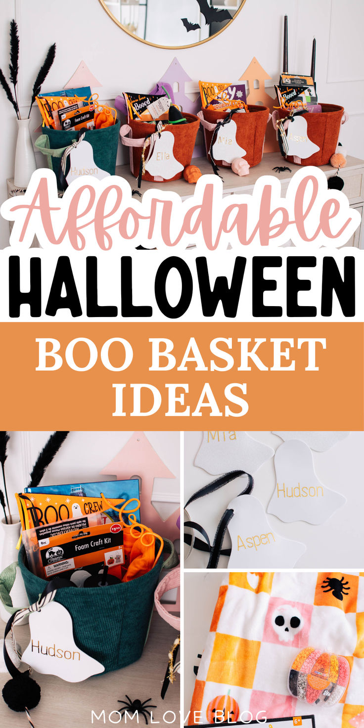 Photo collage of boo basket ideas with text that reads "affordable halloween boo basket ideas." Simple Boo Baskets For Kids, Boo'd Basket Ideas, Boo Basket Examples, Boo Bag Ideas Kids, Small Halloween Gift Baskets For Kids, Easy Cheap Boo Baskets, Cheap Boo Basket Ideas Diy, Teenage Boo Baskets, Halloween Candy Gift Ideas