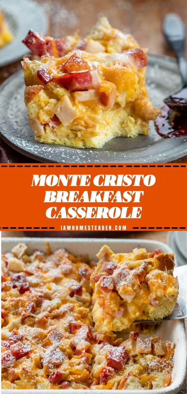 breakfast casserole with bacon and cheese on top is shown in three different photos