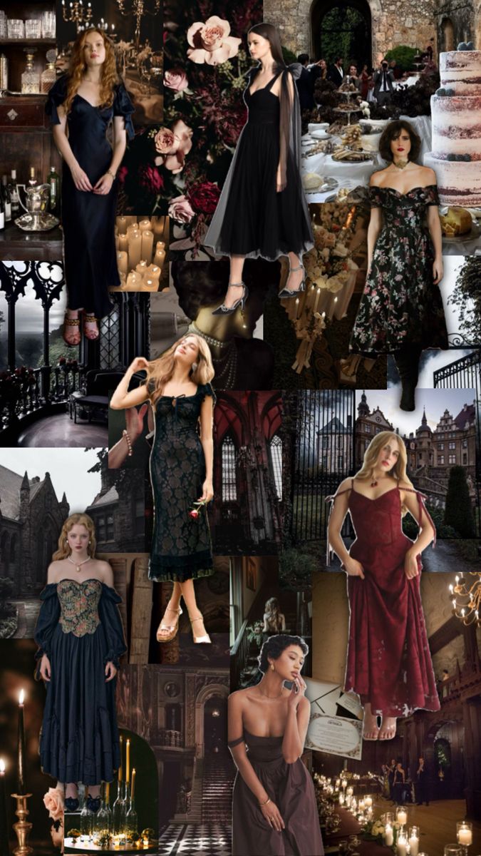 the collage shows many different types of dresses and accessories, including one woman in a dress