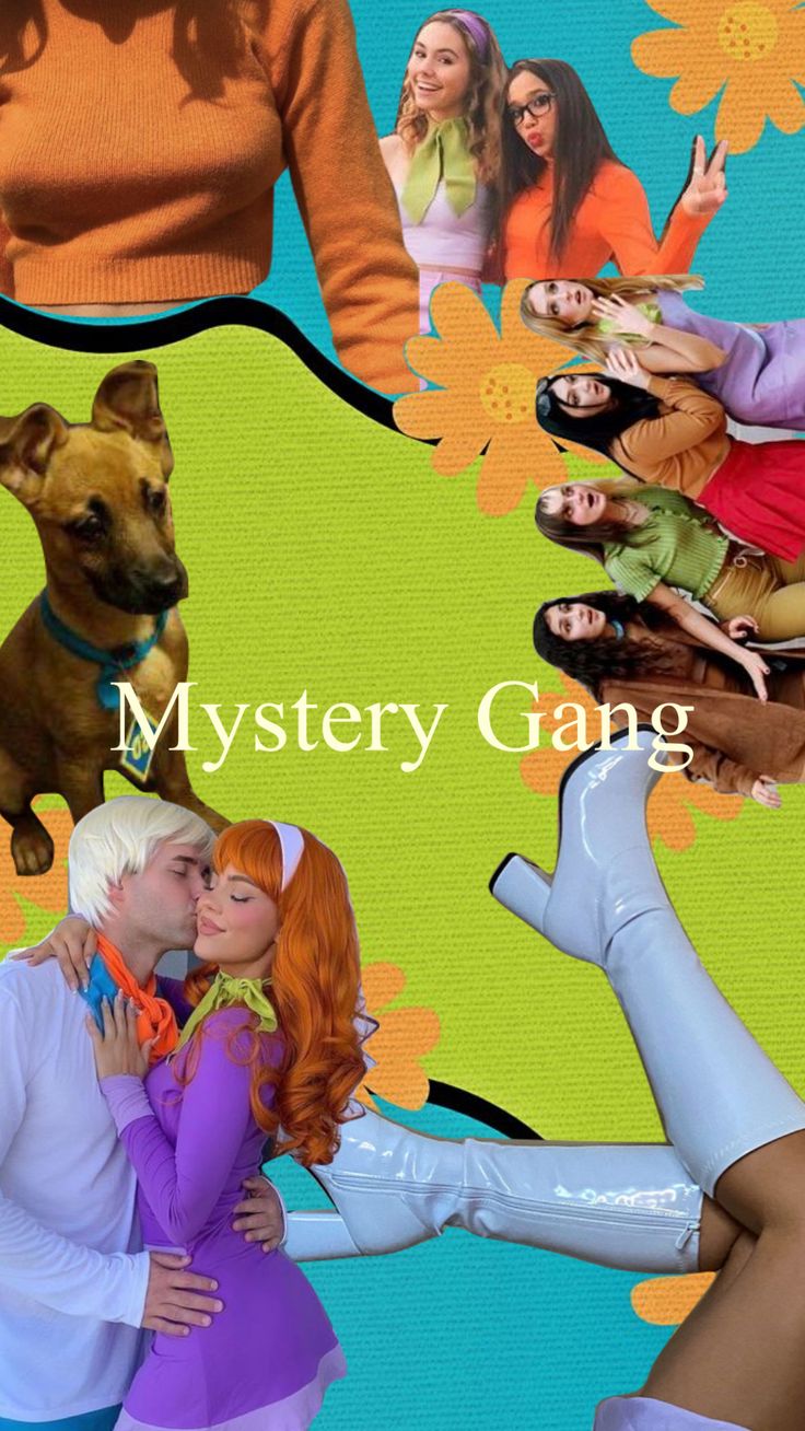 a collage of people and their dogs with the words mystery gang on it's side