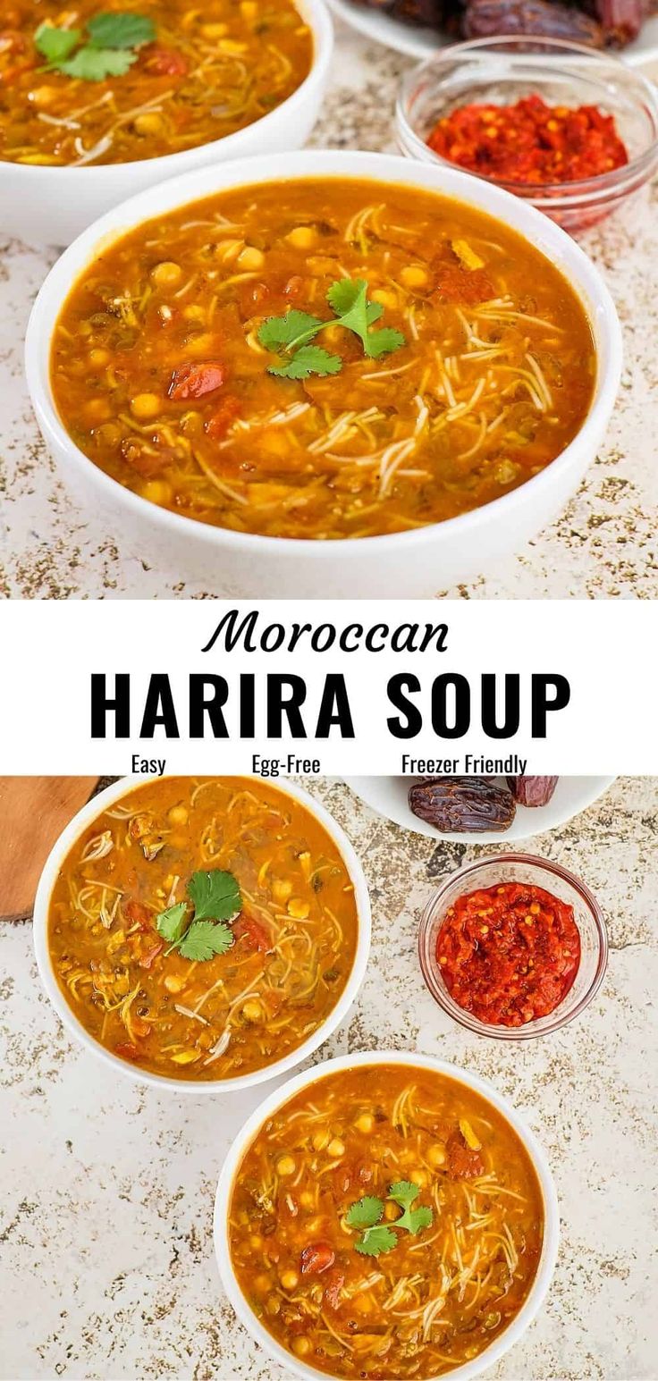 three white bowls filled with different types of food and the words moroccan harra soup