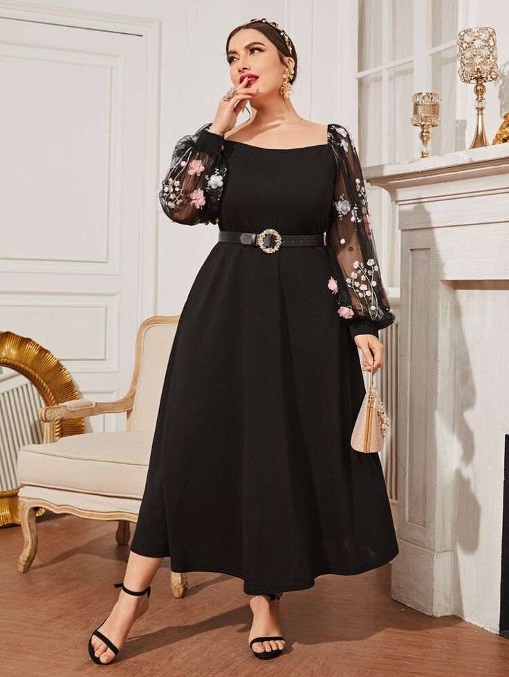 Devoluciones Gratis ✓ Envíos Gratis en Pedidos +$49 ✓.SHEIN Vestido con bordado floral aplique de malla de manga obispo sin cinturón- Vestidos Tallas Grandes en SHEIN. Dress Midi Plus Size, Plus Size Dress Designs, Dress Idea For Plus Size Women, Black Evening Dresses Plus Size Classy, Dresses For Plus Size Women Party, Plus Size Black Dresses For Party, Medium Dresses Formal, Plus Size Embroidered Dress, Dress Design For Plus Size For Women