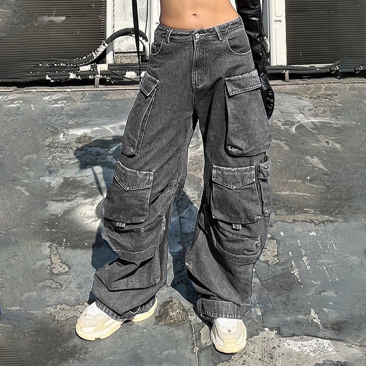 Vintage Jeans Style, Street Fits, Casual Wide Leg Pants, Jeans Cargo, Denim Patterns, Street Look, Women Cargos, Pantalon Large, Loose Pants