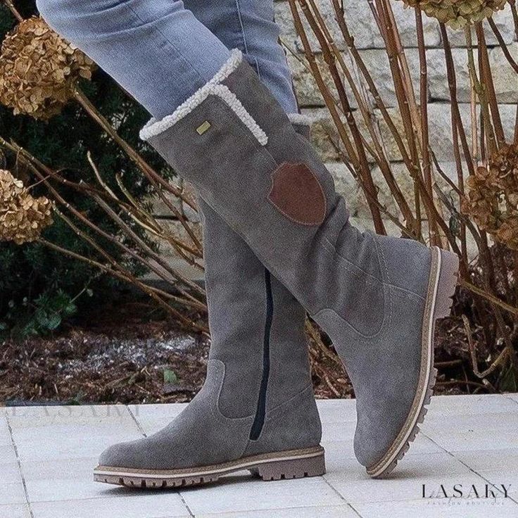 Lasaky - Winter Long Snow Boots with Side Zipper, Fold-over Design, Rounded Toe, and High Shaft. Suede Shoe Style, Popular Boots, Low Heel Boots, Winter Chic, Rounded Toe Boots, Casual Heels, Vintage Boots, Round Toe Heels, Long Boots