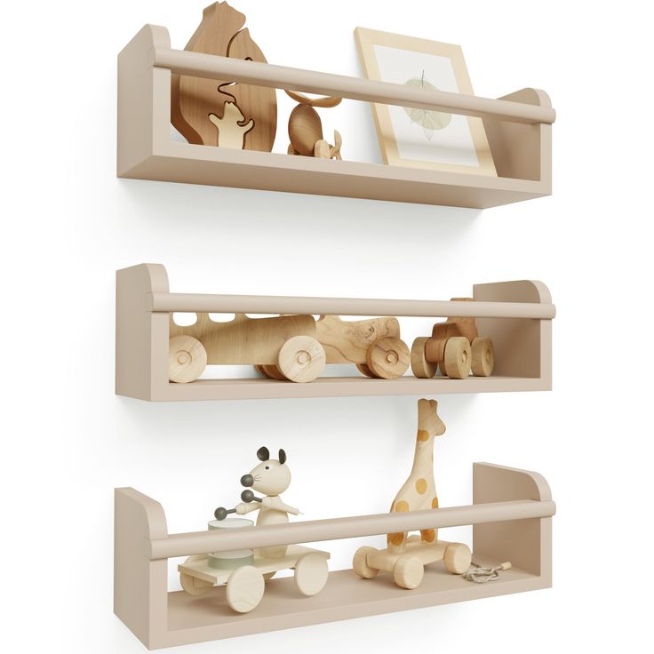 two shelves with wooden toys on them and one has a giraffe in the middle