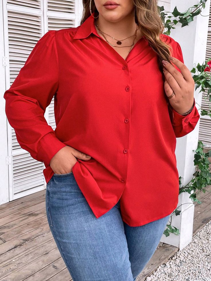 Red Casual Collar Long Sleeve Woven Fabric Plain Shirt Embellished Non-Stretch  Women Plus Clothing Red V-neck Shirt For Fall, Red Solid Color Collared Shirt, Red Collared Solid Color Shirt, Red Long Sleeve Solid Color Top, Red Collared Top For Fall, Red V-neck Shirt For Workwear, Red Collared Blouse For Fall, Red Long Sleeve Top With Button Closure, Red Long Sleeve Blouse With Button Closure