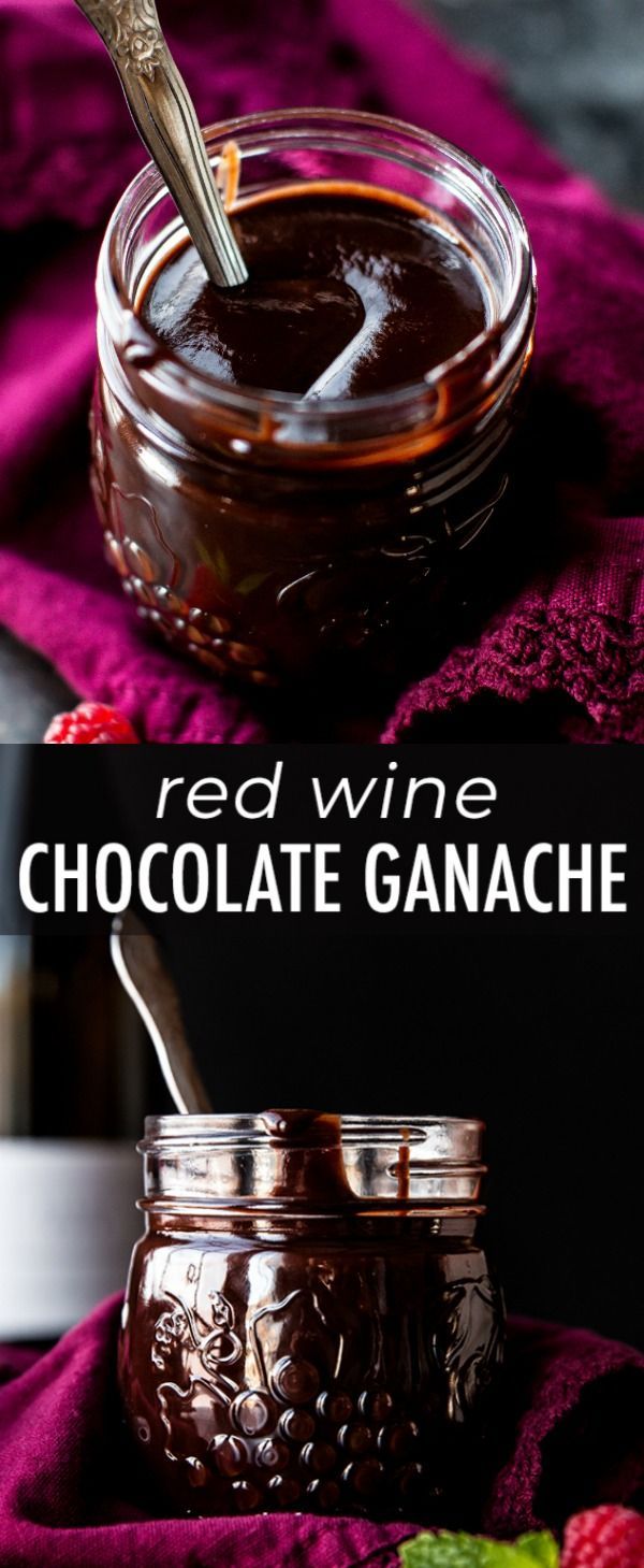 red wine chocolate ganache in a glass jar with a spoon and raspberries on the side