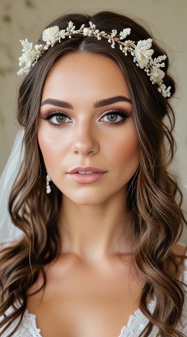 a woman wearing a bridal veil with flowers in her hair