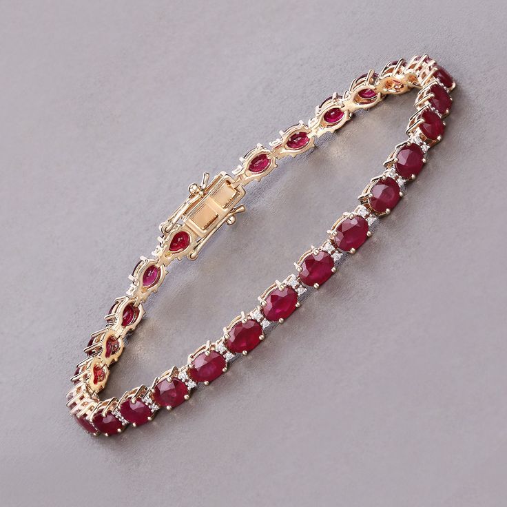 14k Gold Ruby Tennis Bracelet, Ruby Tennis Bracelet, September Birthstone Bracelet, Genuine Ruby and Diamond Yellow Gold Bracelet for Women This exquisite 14K yellow gold tennis bracelet features 8.10 carats of genuine oval rubies and 0.25 carats of genuine round white diamonds. The vibrant red rubies, July's birthstone, are elegantly paired with sparkling white diamonds, creating a piece that is both timeless and captivating. Perfect for special occasions or everyday elegance, this bracelet is secured with a reliable box clasp. Celebrate July birthdays or enhance your style with this luxurious ruby and diamond bracelet. Product Details:  14K Yellow Gold Item Type: Bracelet Gross Wt: 11.63 Gemstone Wt: 8.10 ctw Diamond Wt: 0.25 ctw Total Stone Wt: 8.35 ctw Finish: Fine Finish Product Style Fine Jewelry Tennis Bracelet With Gemstone Accents, Diamond Bracelets With Gemstone Accents For Anniversary, Formal Fine Jewelry Tennis Bracelet With Gemstone Accents, Fine Jewelry Bracelets With Jewels For Anniversary, Anniversary Fine Jewelry Bracelets With Jewels, Fine Jewelry Ruby Gemstone Bracelets, Anniversary Gemstone Accents Bracelets In Fine Jewelry Style, Anniversary Fine Jewelry Bracelets With Gemstone Accents, Gold Tennis Bracelet