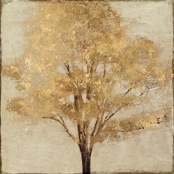 an abstract painting of a tree with gold leaves