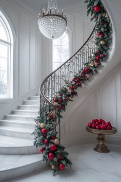 a staircase decorated for christmas with ornaments and greenery on the bannister railing