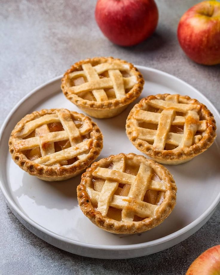 four apple pies on a white plate with apples in the backgroung