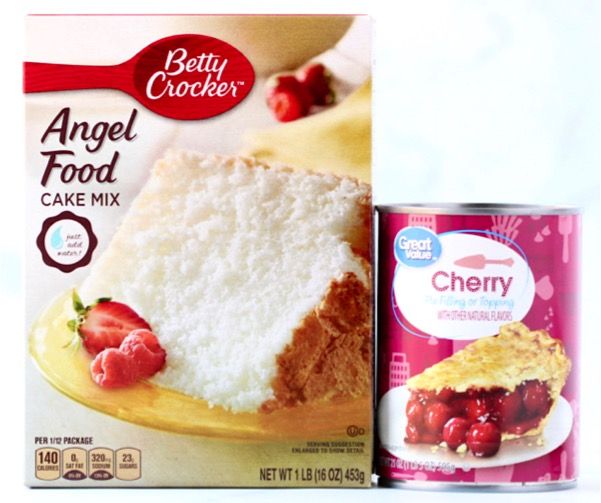 a can of angel food cake mix next to a piece of cake