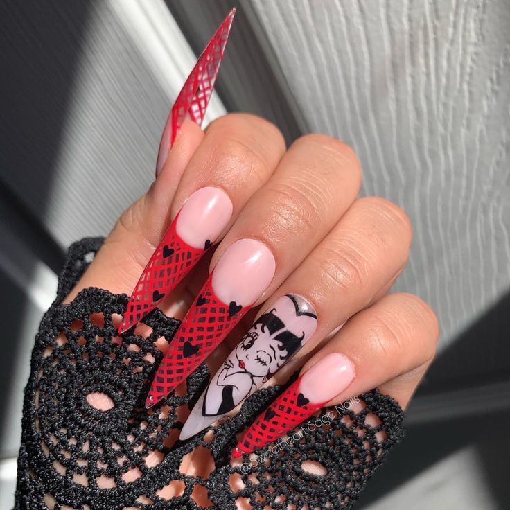 Valentines Stelitto Nails, Betty Boop Valentines Day Nails, Anti Valentine Nails, Betty Boop Nails Designs, Betty Boop Nail Art, Betty Boop Valentines Day, Goth Valentines Nails, Gothic Valentines Nails, Betty Boop Nails