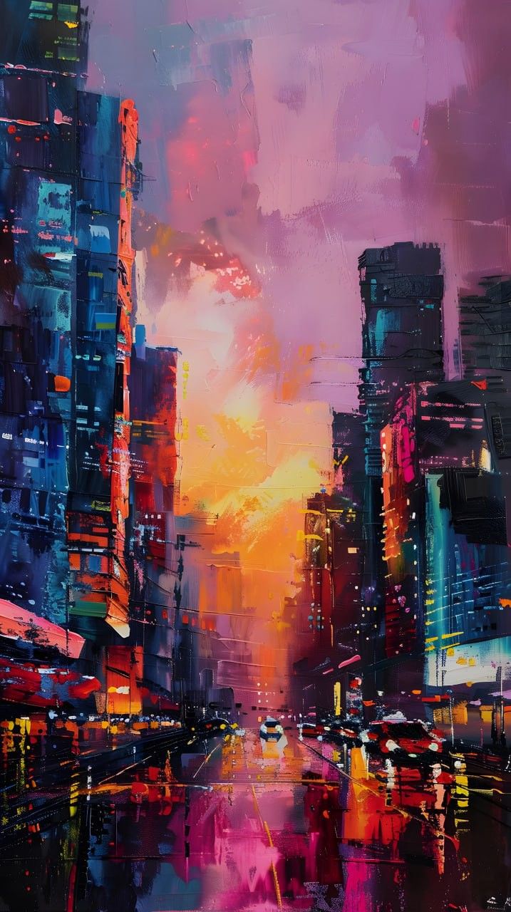 an abstract painting of cityscape at sunset