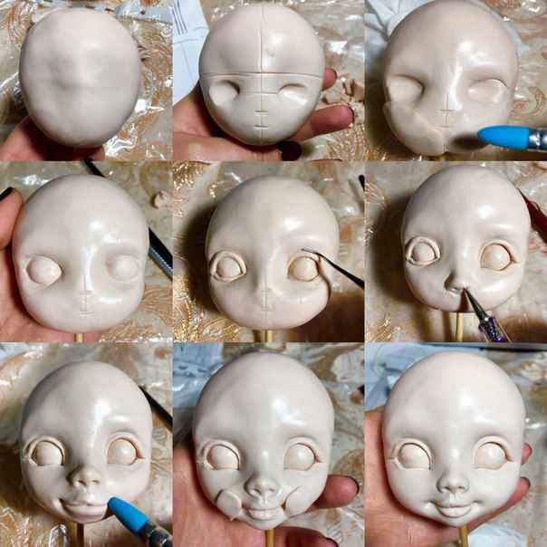 there are six pictures of the head of an alien doll being worked on by someone