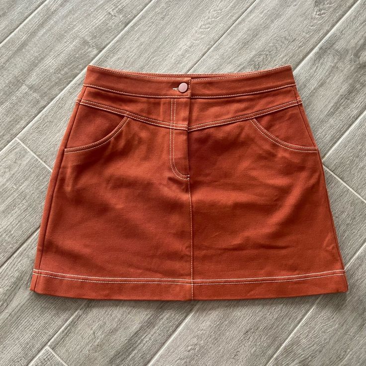 Brand New, Taggs Attached Size L (30) Zara Skirt Brown With White Stitching Orange Lined Skirt For Work, Orange Workwear Skirt With Lining, Zara Orange Bottoms For Fall, Casual Orange Mini Skirt In Relaxed Fit, Orange Lined Skirt For Workwear, Orange Relaxed Mini Skirt With Lining, Orange Cotton Mini Skirt, Orange Relaxed Mini Skirt, Orange Relaxed Fit Mini Skirt