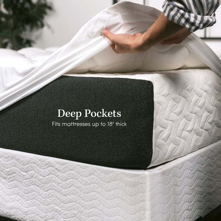 a person unwrapping a mattress with the words deep pockets written on it