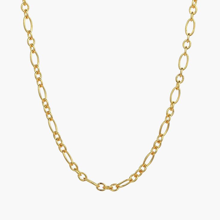 The Seraphina Chain Necklace blends boldness and elegance with its stunning gold-tone links. Perfect for adding a touch of sophistication to any outfit, it's versatile enough for both casual and formal occasions. Elevate your style with this timeless statement piece. 18k gold over sterling silver Approx. length: 17.75" Our gold covering on silver is a thick layer of 18k solid gold on sterling silver meaning it will last longer. You get the look and feel of gold jewelry at a fraction of the price Luxury Figaro Chain Link Necklace, Timeless Gold-plated Cable Chain Necklace, Elegant Figaro Chain Link Necklace, Elegant Gold Oval Link Chain Necklace, Luxury Figaro Chain Necklace With Rectangular Links, Chic Gold-plated Cable Chain Necklace, Elegant Gold-tone Cable Chain Necklace, Classic Gold-plated Necklace With Chunky Chain, Elegant Yellow Gold Link Chain Necklace