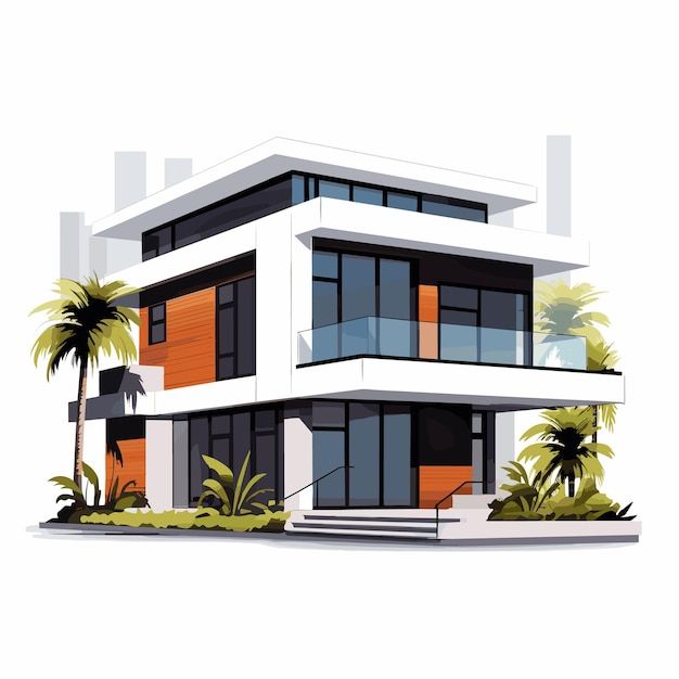 a drawing of a modern house with palm trees in the foreground and an orange door on the second floor