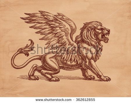 an old paper with a drawing of a winged lion on it's back and wings