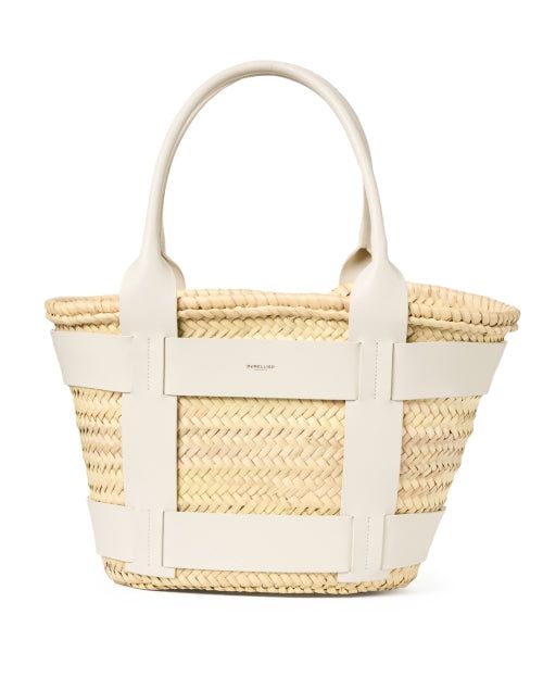 santorini-white-leather-raffia-tote_product.jpeg Designer Natural Straw Bag With Handles, Designer Natural Straw Bag, Cream Rectangular Woven Leather Straw Bag, Chic White Woven Straw Bag, Rectangular Cream Straw Bag With Woven Leather, Designer Natural Woven Straw Bag, Chic White Straw Bag With Braided Handles, Designer Woven Straw Bag With Double Handle, Designer Natural Straw Tote Bag