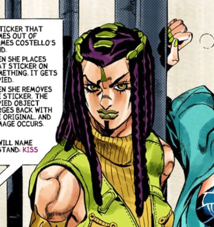 an anime character with dreadlocks and green shirt holding up a sign in front of him