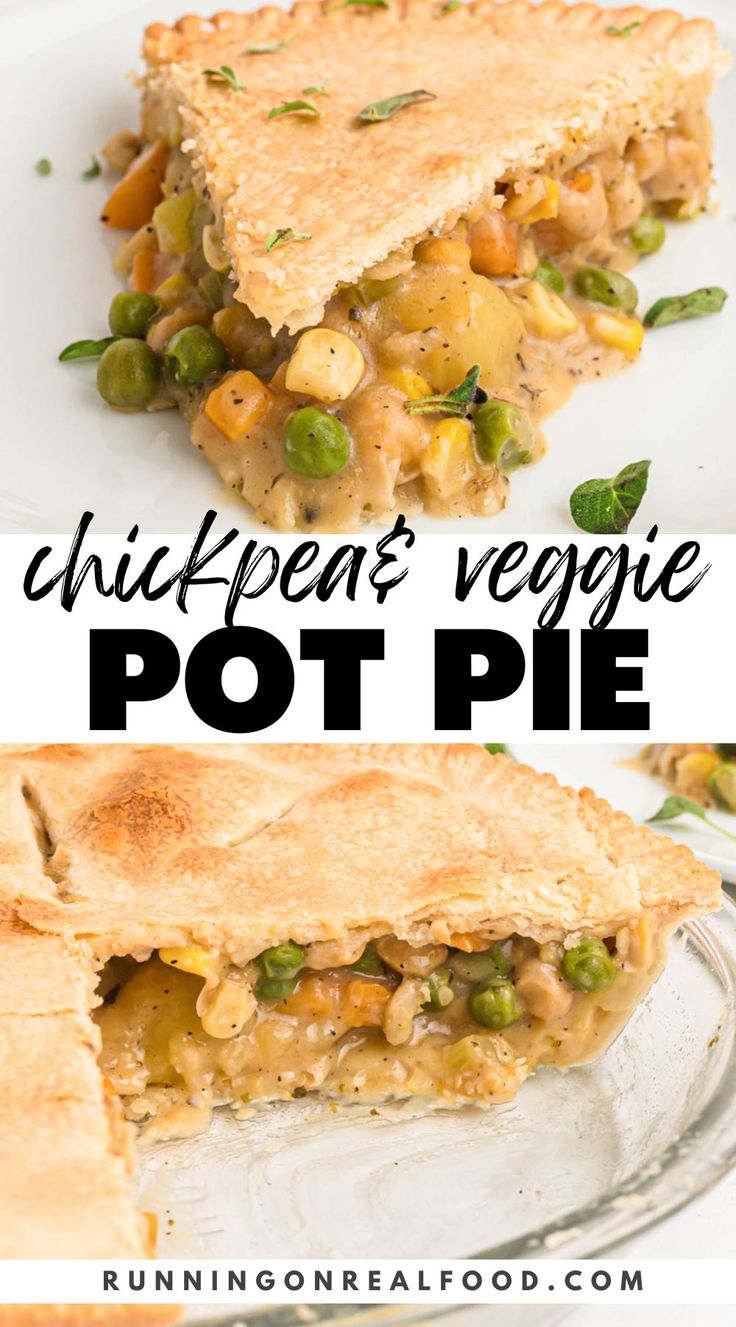 a pie with peas and potatoes in it on a white plate next to another pie