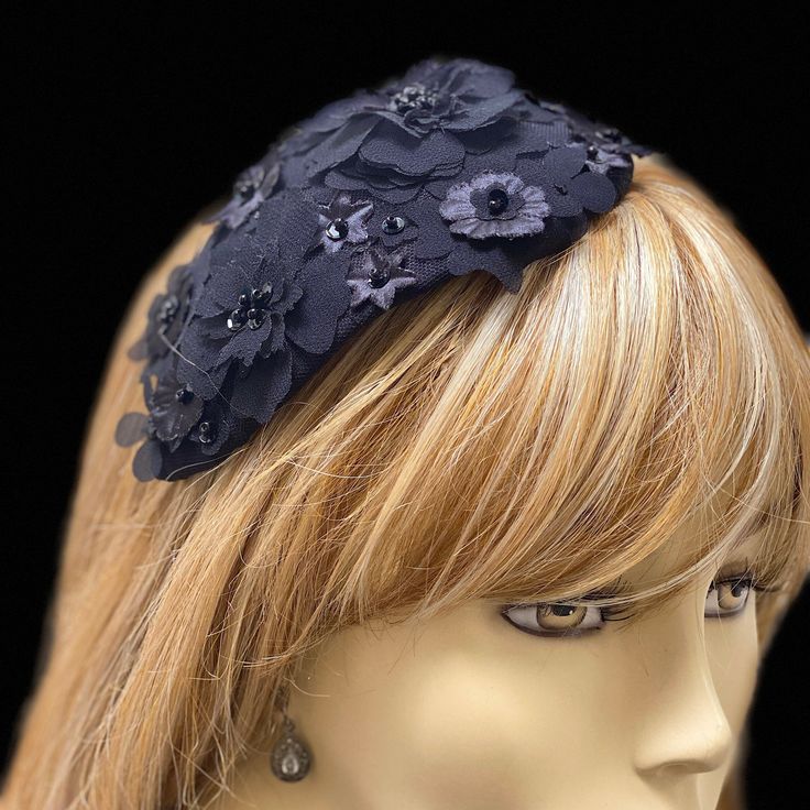 "A classic petite black fascinator hat with old world style. This is the perfect piece for so many occasions. Can be worn to a wedding, funeral, church or derby party. A quality teardrop sinamay base is hand covered with black fabric and hand pieced fabric flowers with a scattering of sequins and beads. Each small hat is made to order so no two are exactly the same. MEASUREMENTS for PETITE fascinator: sinamay hat base is 7\" long and 3.75\" wide. This black fascinator attaches to the hair with y Kate Middleton Hats, Sinamay Hat, Derby Fascinator, Black Fascinator, Sinamay Hats, Ascot Hats, Bride Hat, Halloween Headband, Hat Base