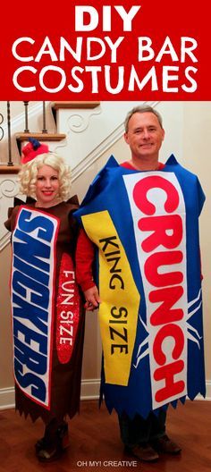 two people dressed as candy bar costumes with the words diy candy bar costumes on them