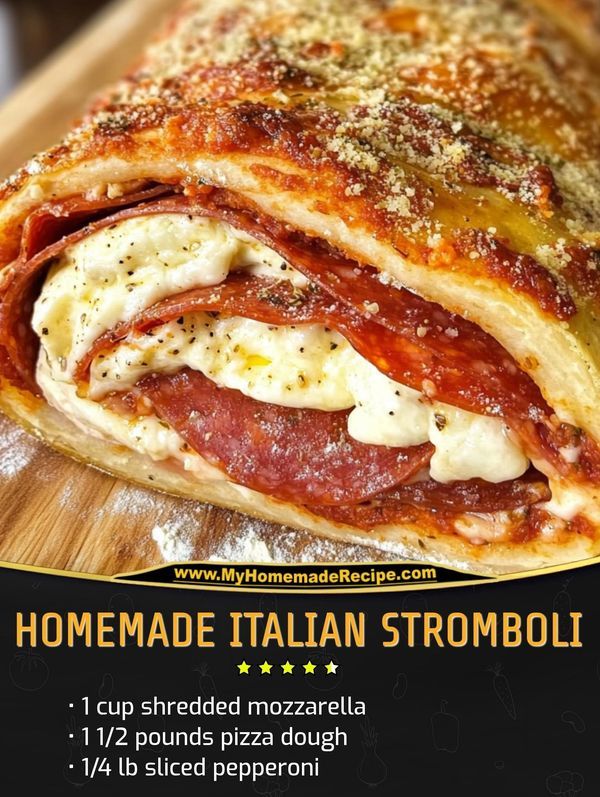 an advertisement for homemade italian stromboli with meat and cheese on the side