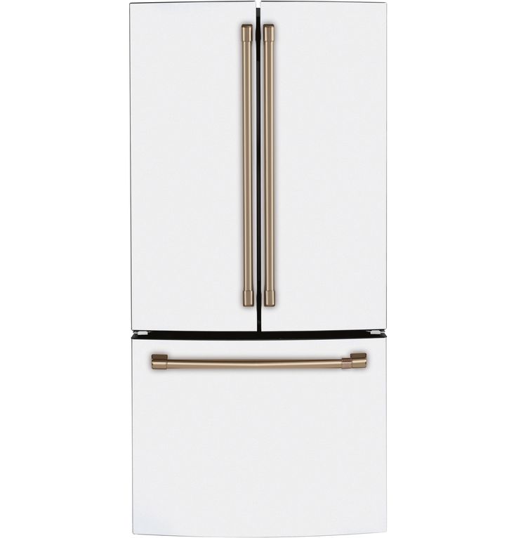 a white refrigerator freezer with two gold handles