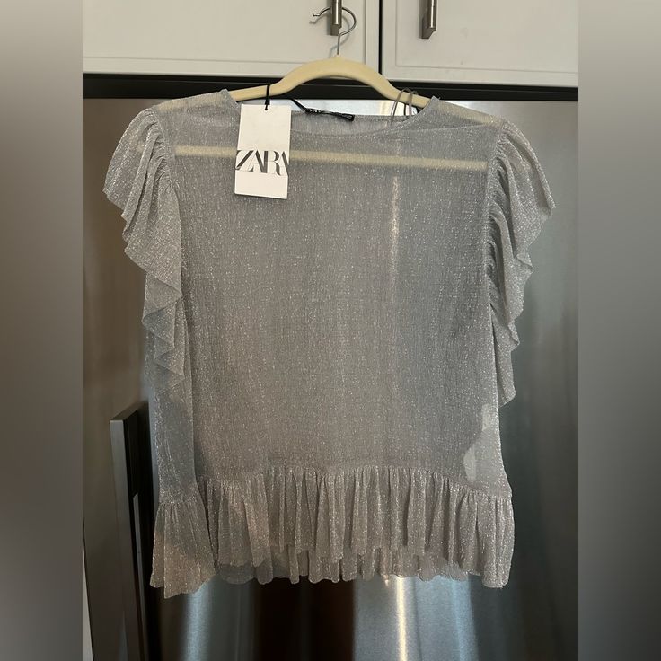 With Tags, Fits S And M Super Cute And Trendy Now Chic Metallic Tops With Shine Detail, Chic Metallic Shine Tops, Metallic Shiny Tops For Summer, Casual Metallic Party Tops, Metallic Shiny Summer Tops, Gray Summer Party Top, Gray Summer Party Tops, Summer Party Gray Top, Metallic Tops For Summer Evening