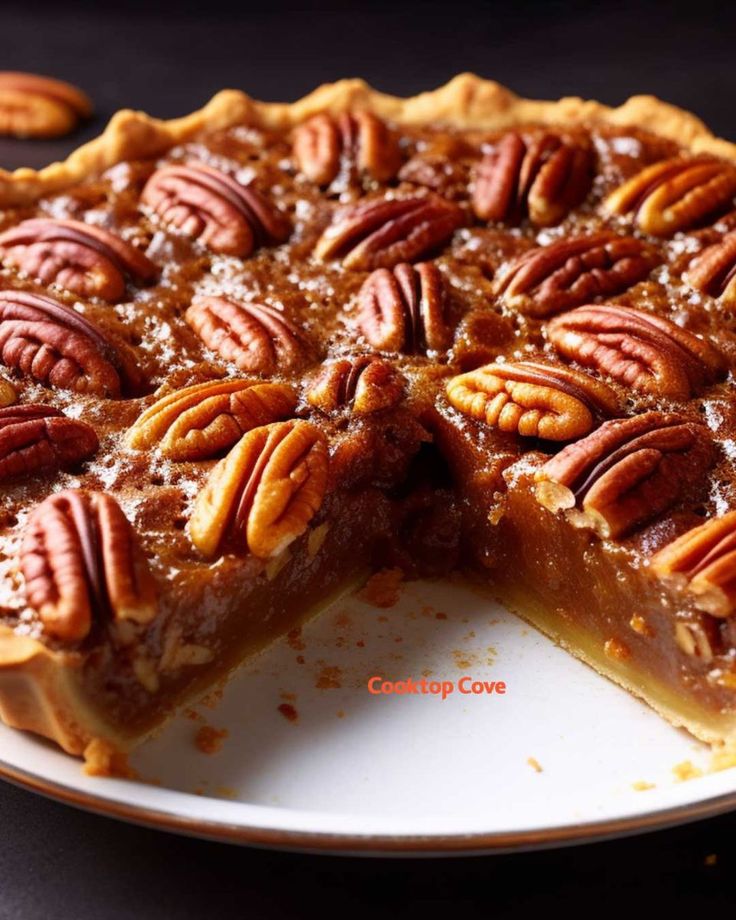 a pecan pie on a plate with one slice missing