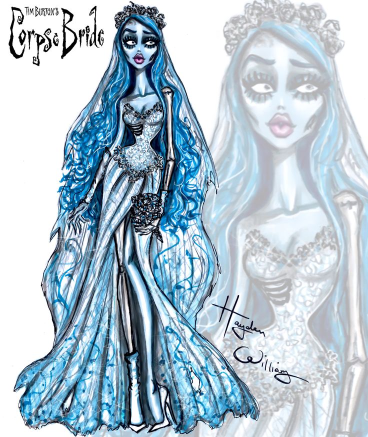 a drawing of a bride with blue hair and makeup on her face, next to an image of the corpse bride