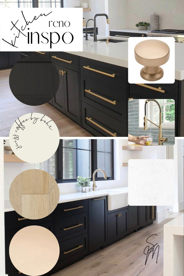 the kitchen is decorated in black and white with gold accents, including an oval sink